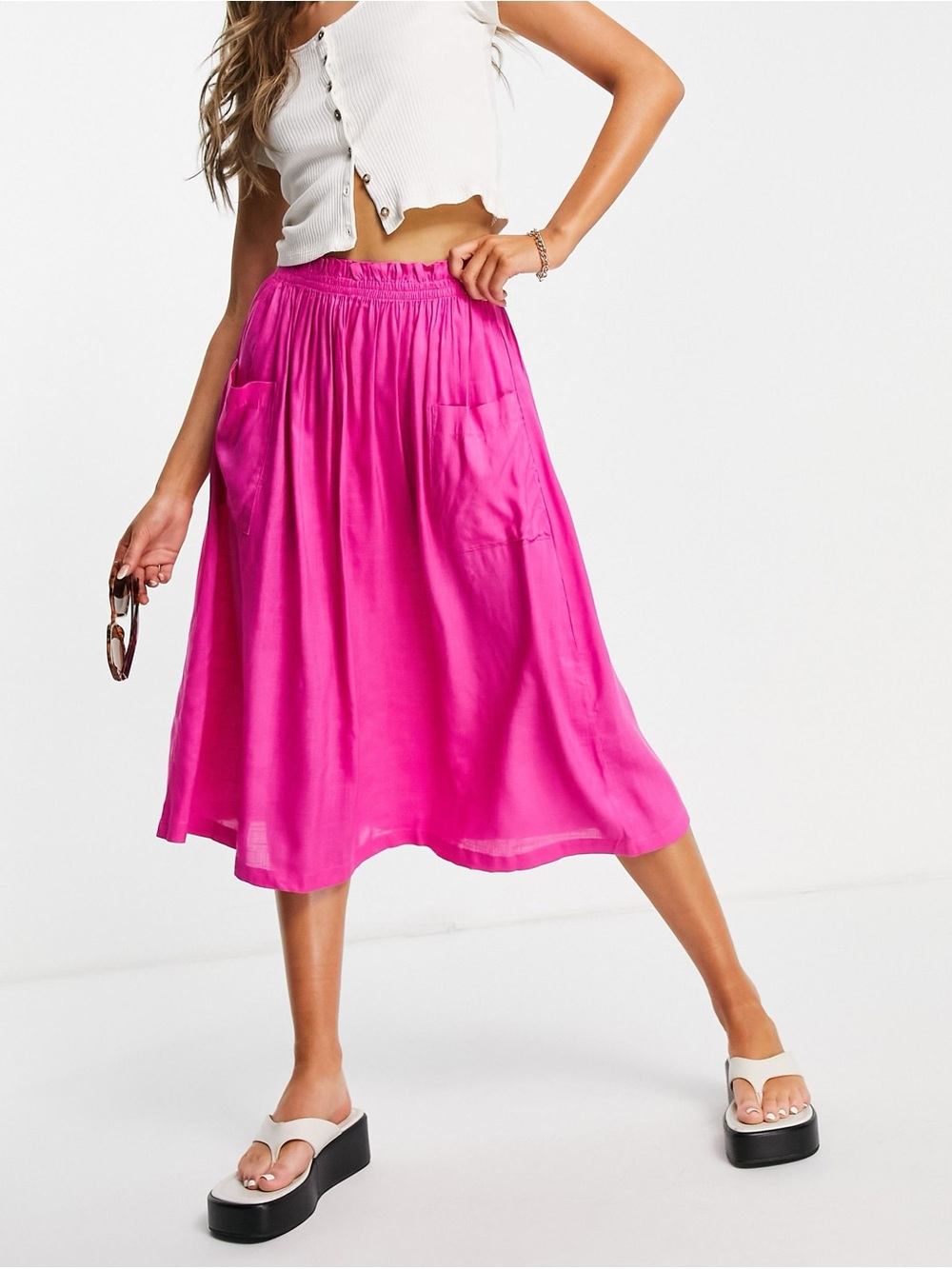 ASOS DESIGN Pull On Lightweight Midi Skirt with Pocket Detail in Bright Pink 20